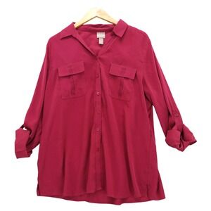 Chicos Roll Tab Sleeve Button Down‎ Shirt Sz 3 XL Top Pintuck Pockets